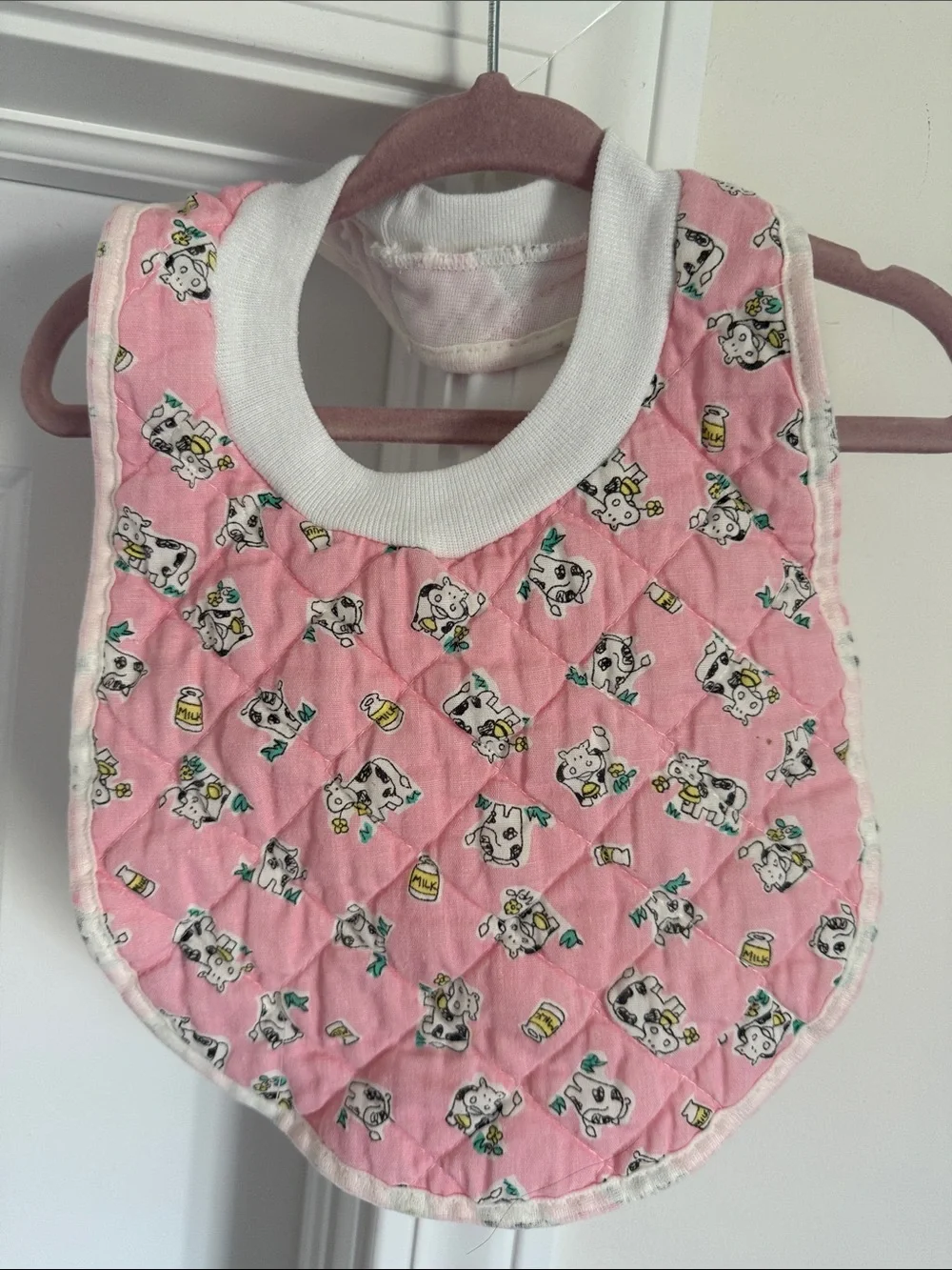 Vintage Pink Quilted Baby Bib with Cow Print